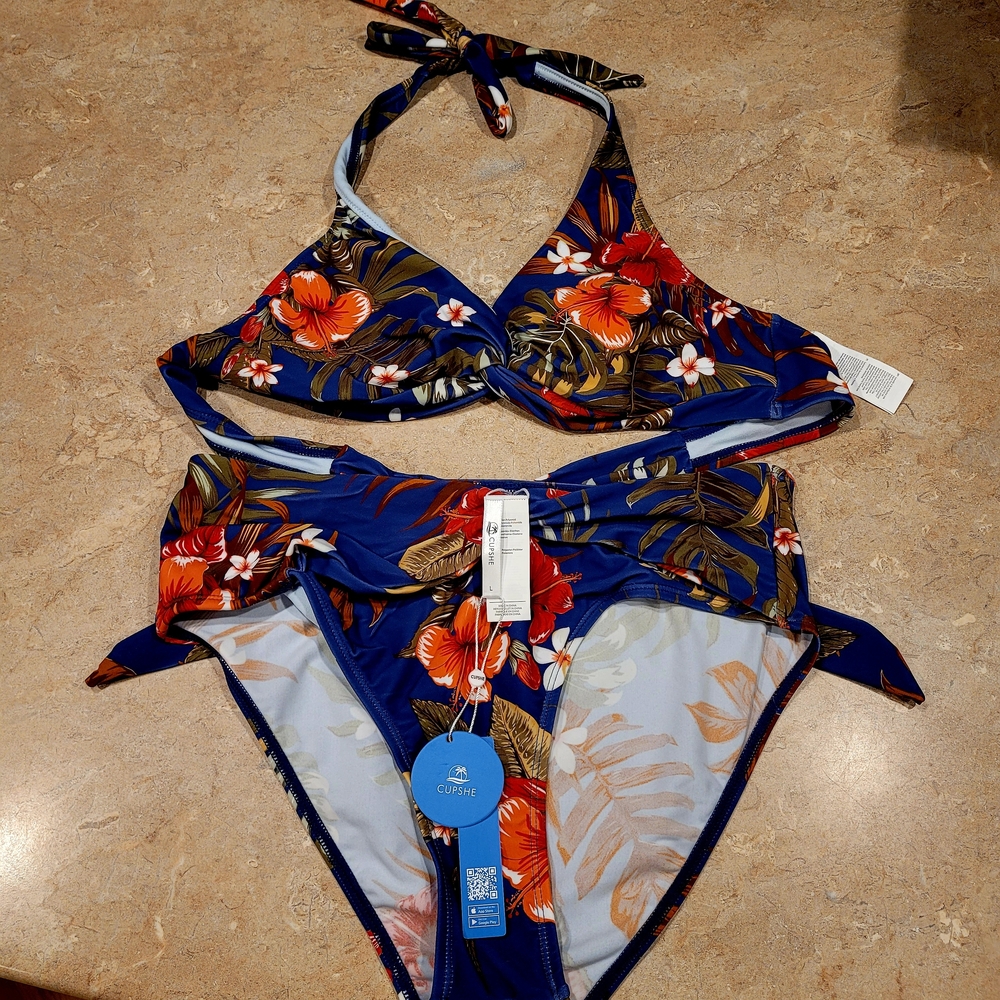 Cupshe Navy Floral Halter Bikini with Orange & Red Blooms